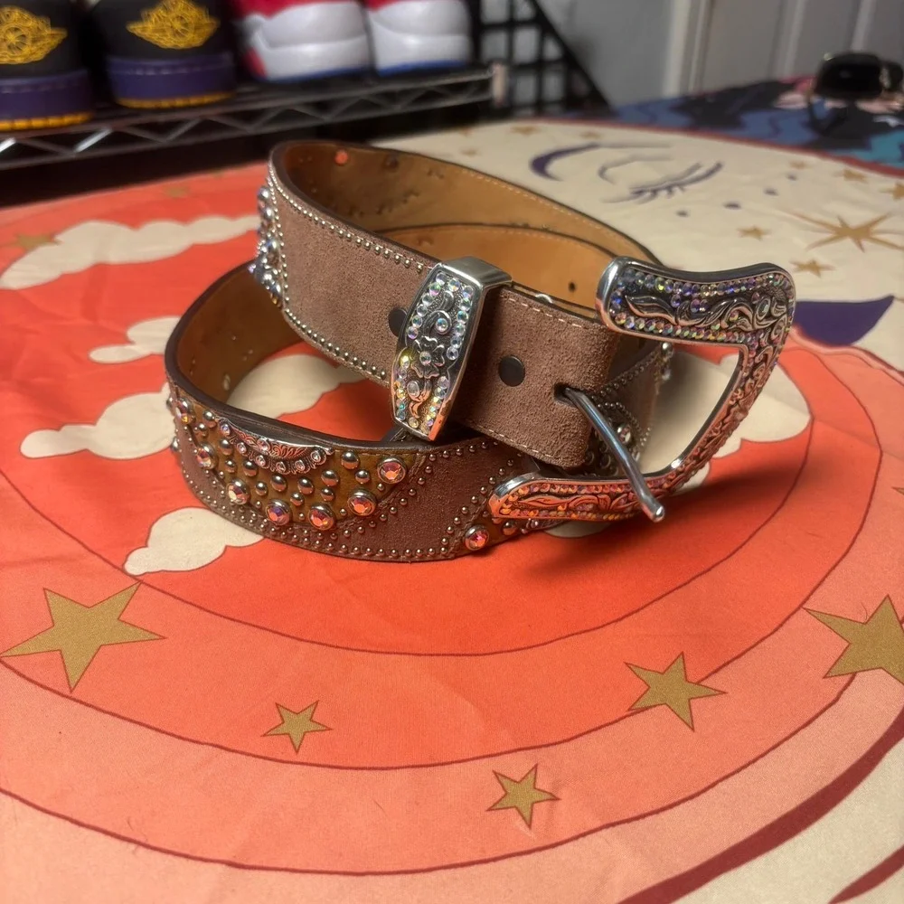 Tony Lama Leather Western Rhinestone Studded Belt 38 Oversized Buckle Cowboy